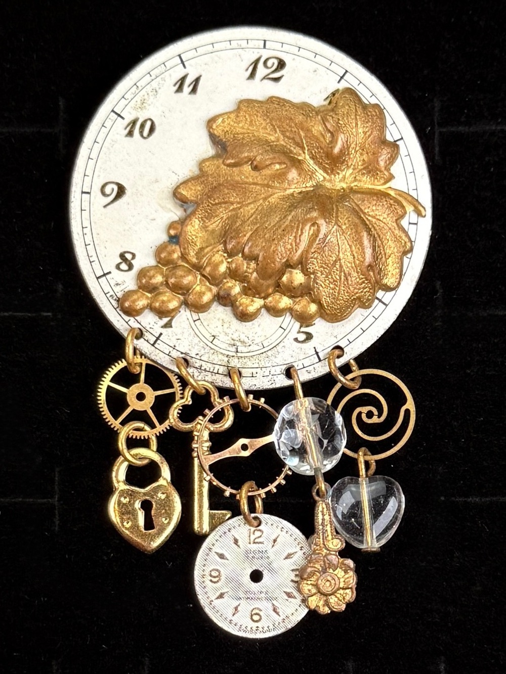 Steampunk Clock Dial Brooch Watch Parts Grape Leaf Charm Dangle Pin Art Piece